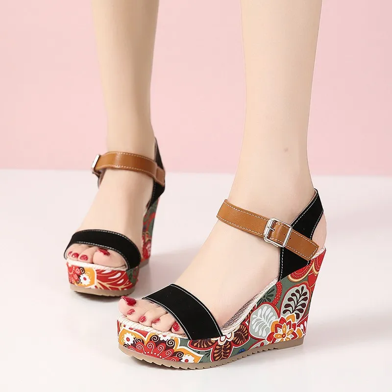 Fashion Flowers Embroidered High Wedge Sandals For Women Summer Toe Platform Buckle Shoes - Black