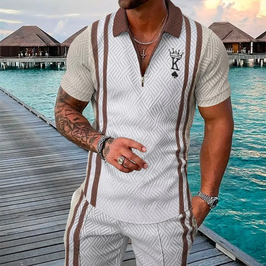 Men's Summer Fashion 3D Printed Short Sleeve Geometric Zip Lapel Shirt Set