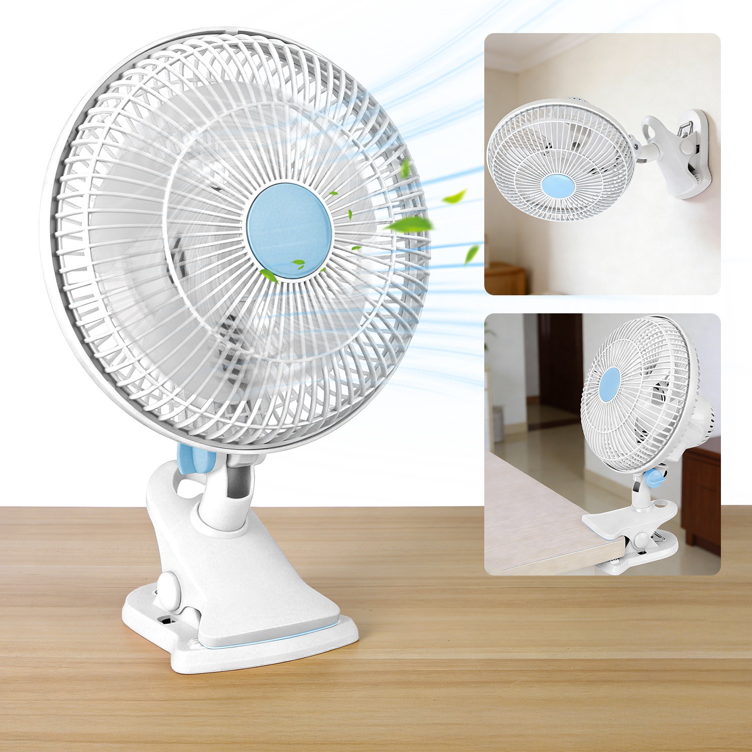 8.66In Oscillating Clip On Fan 2 Speeds Quiet Clamp Fan With 90 Degree Oscillating & Tilting Angle Desktop Wall Mount For Home Office Dorms Strollers