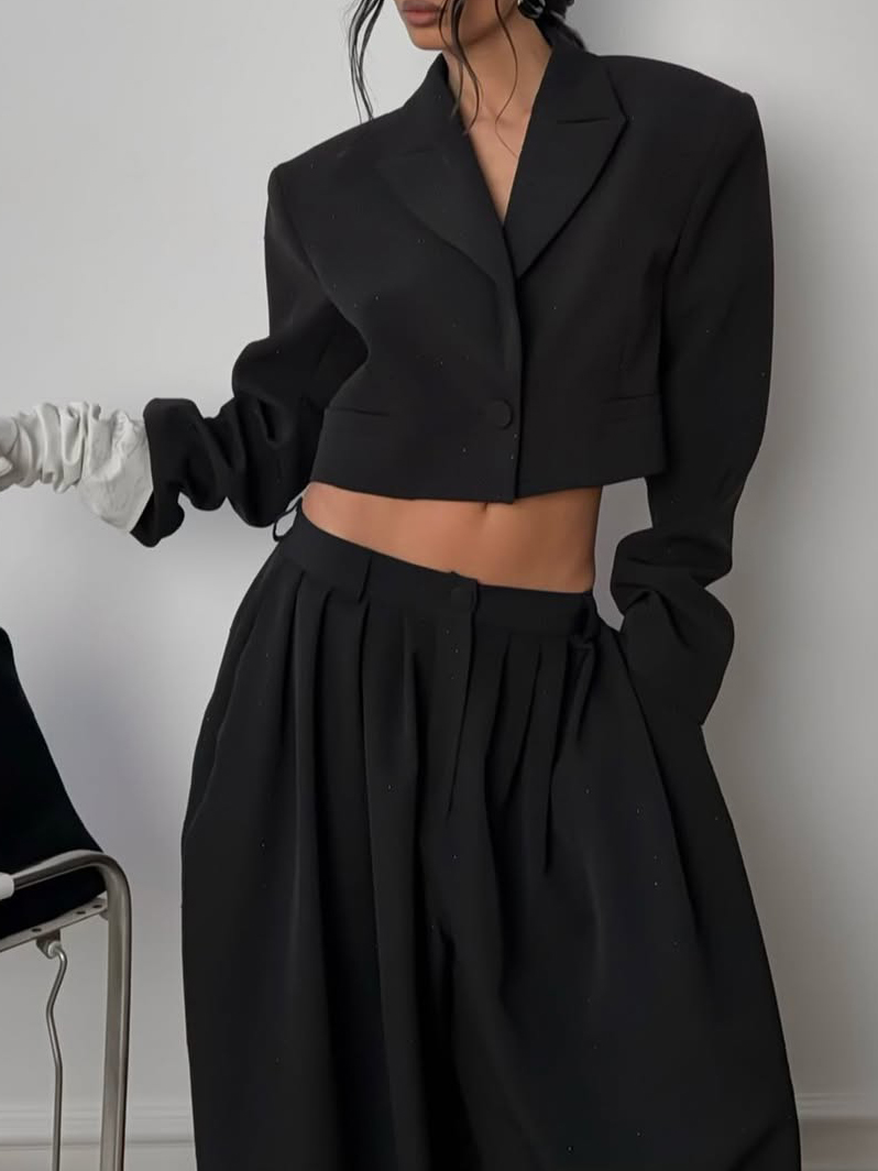 Black Rhinestone Embellished Cropped Blazer & Wide Leg Pants 2-Piece Set