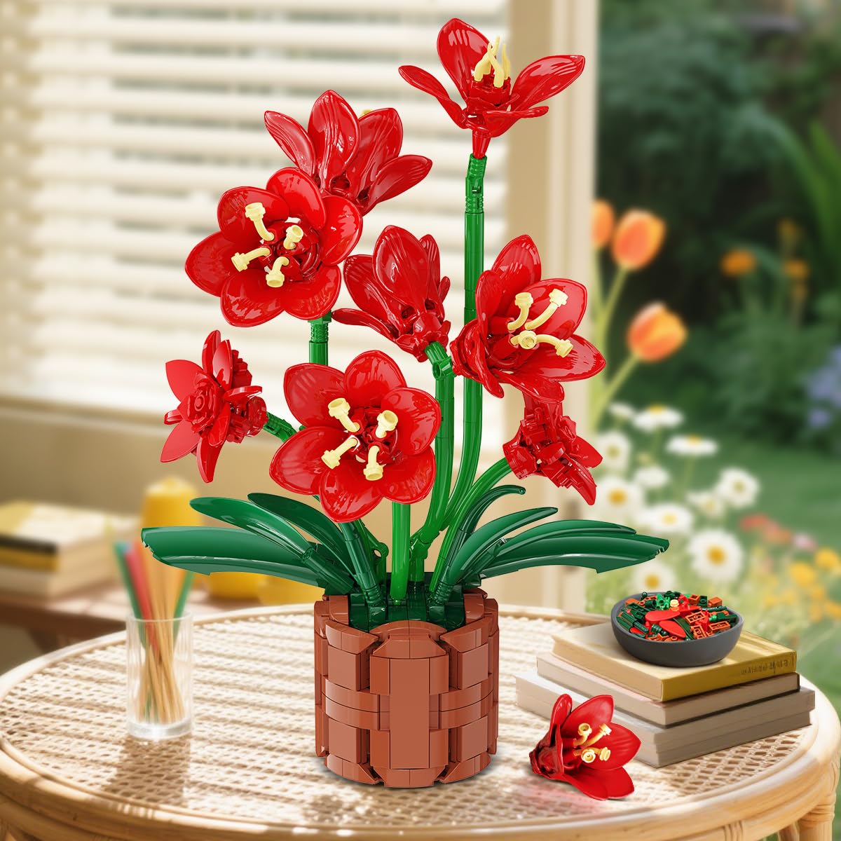 Amaryllis Flowers Bonsai Building Set, Easter Botanical Building Block, Artificial Plant Kit Home Decor, 503 PCS Flower Bouquet Bonsai For Her Adults Kids Boys Girls