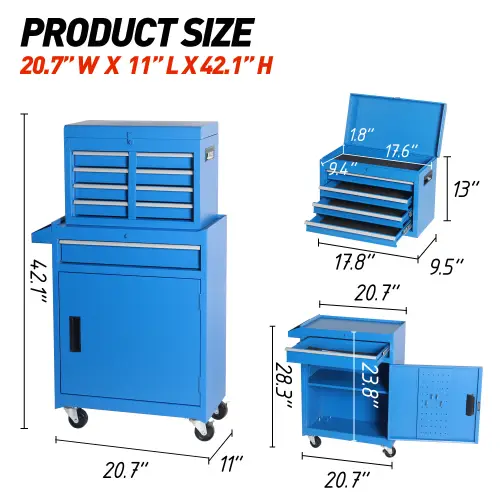Tool Chest, 5-Drawer Rolling Tool Storage Cabinet With Detachable Top Tool Box, Liner, Universal Lockable Wheels, Adjustable Shelf, Locking Mechanism, Metal Too