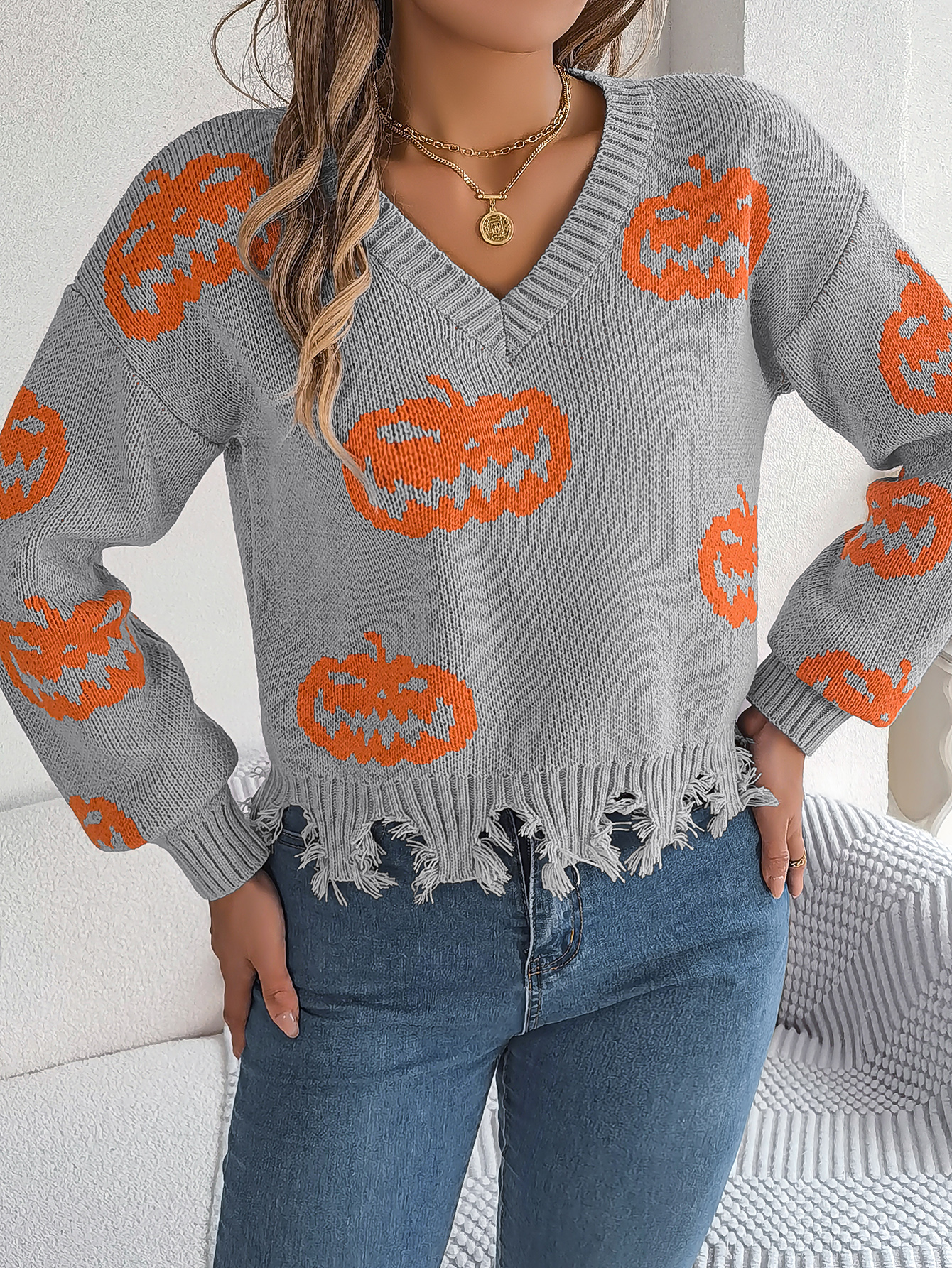 Women Color Block Pumpkin Distressed Long Sleeve Pullover Sweater thumbnail 2