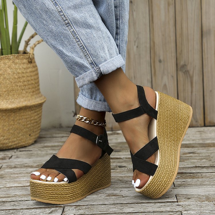 Wedge Sandals For Women Summer Casual Non-slip Cross-strap Platform Shoes With Hemp Heels Shoes - Image 6