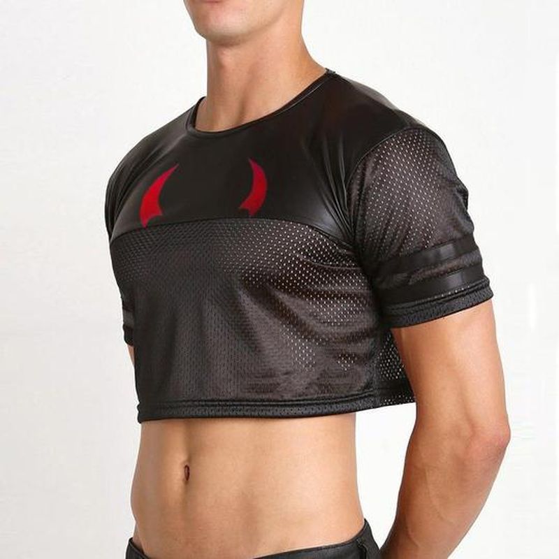 Title 2, Mens Leather Mesh Panel High Waist Half T-Shirt