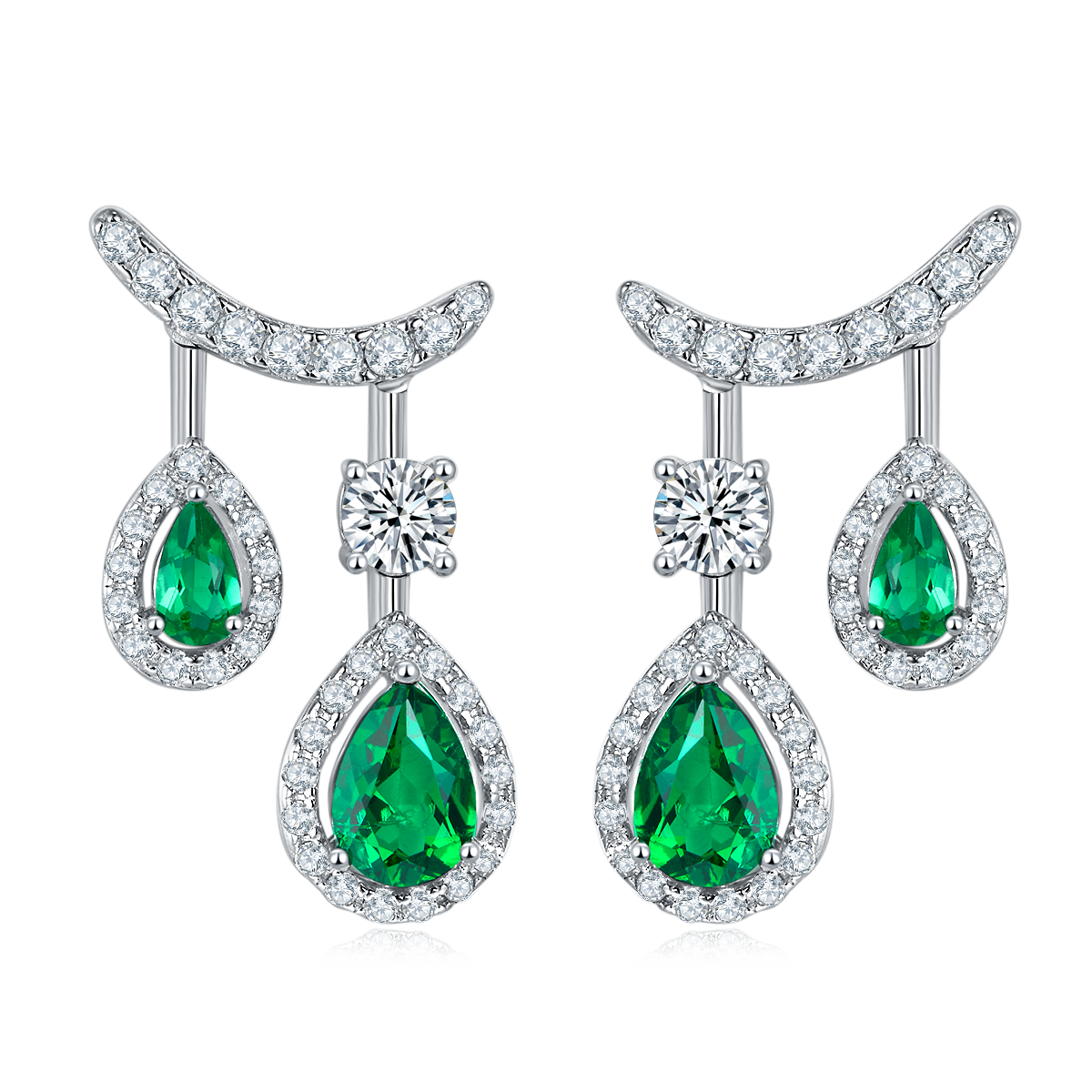 S925 Silver 4.9g 1.53ct Lab-Created Emerald Drop Earrings, Double Pear