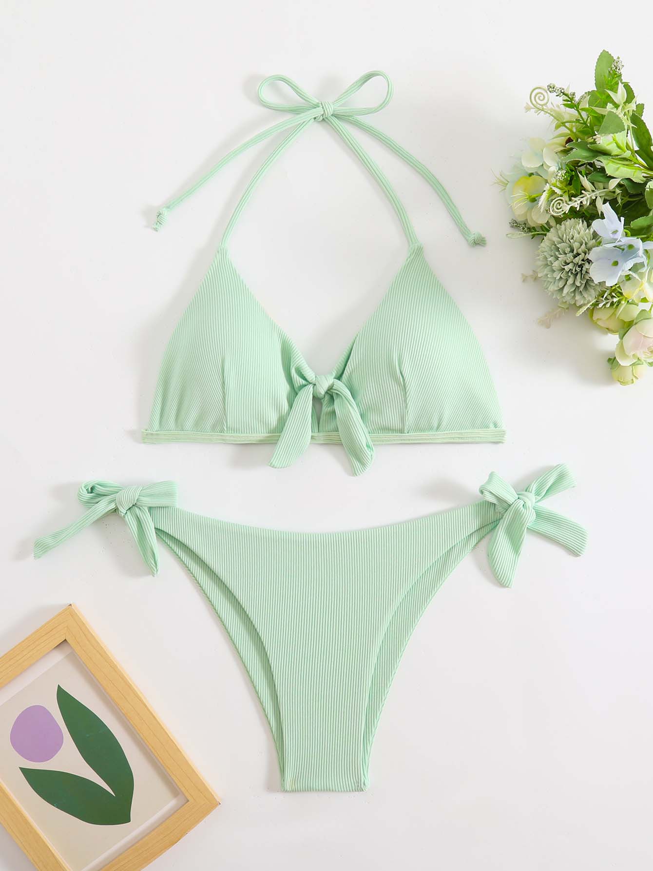 2026 New Solid Color Sexy Circular Cutout Split Set Swimsuit Straps Over-the-Shoulder Halter Two-Piece Bikini Set