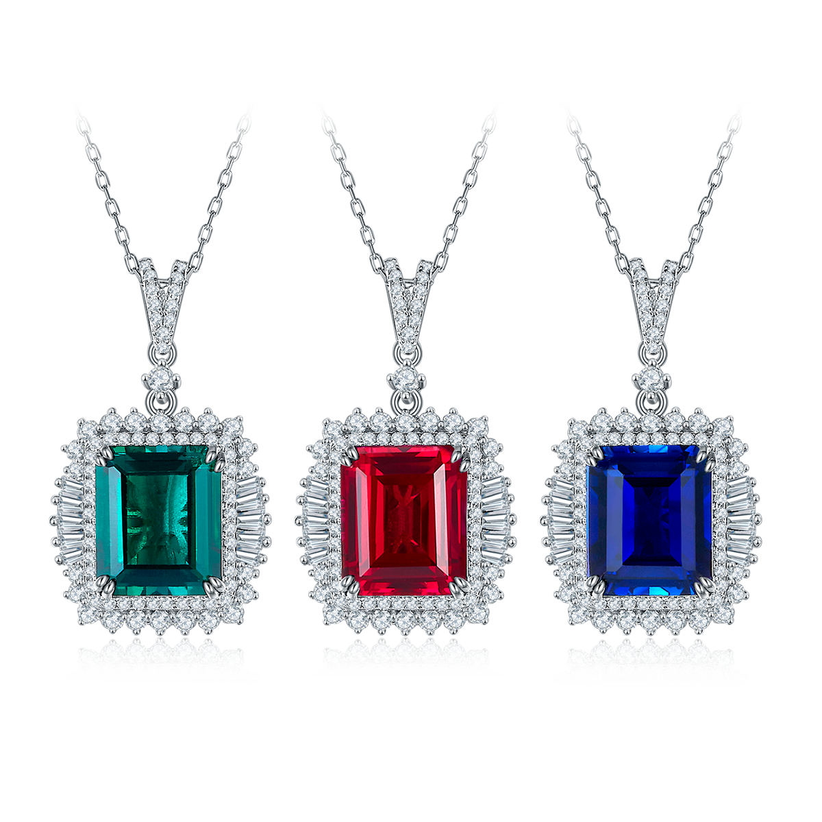 S925 Sterling Silver 10x12mm Lab-Grown Ruby Sapphire Emerald Halo Pendant Necklace, Platinum Plated 40&45cm Chain, 5.5g Women's Jewelry Gift Box