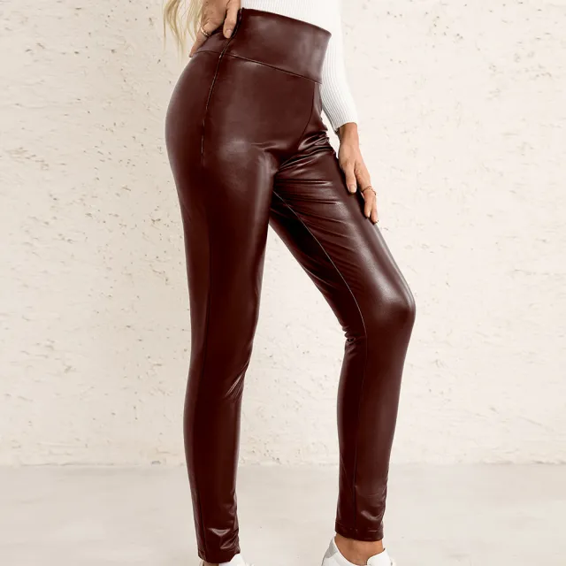 Women's High Waist Stretch Slim Skinny Leather Pants Wine Red - Shop at LoveMi