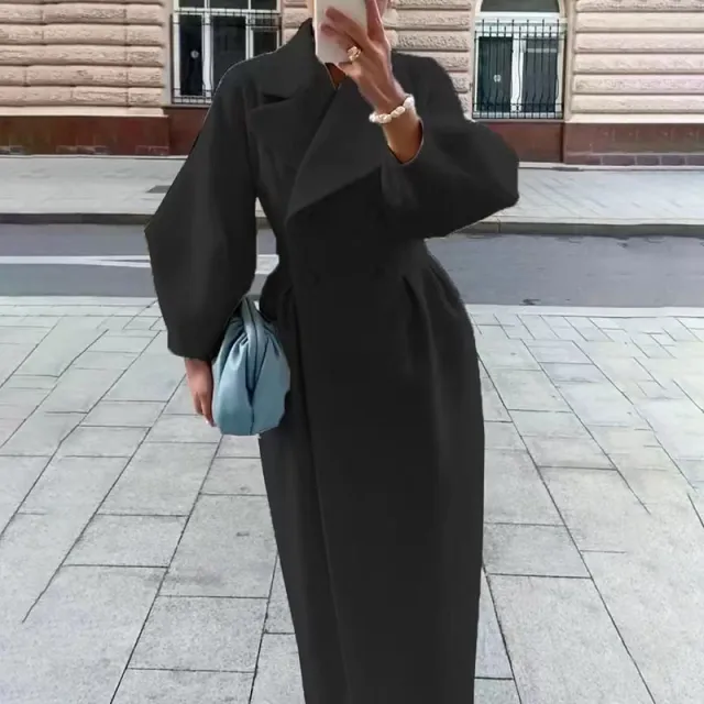Women's Classic Winter Long Coat, Double Breasted Belted Trench With Wide Lapel, Solid Color Oversized Overcoat For Casual Style Black - Shop at LoveMi