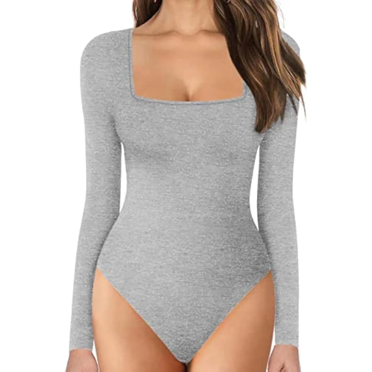 Women's Long Sleeve Square Neck Tummy Shaper Bodysuit Sexy Slimming Elegant Lingerie Gray - Shop at LoveMi
