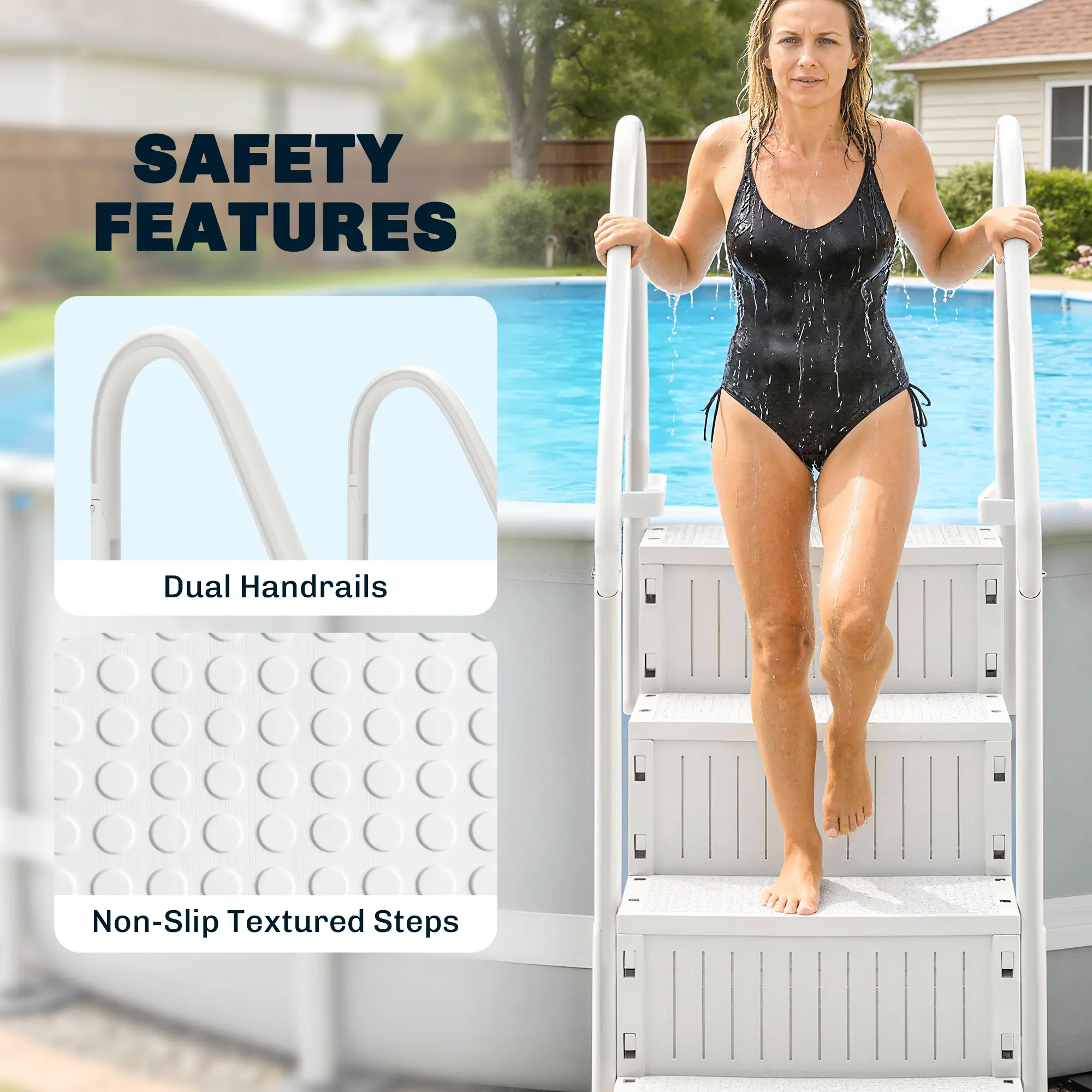 Swimming Pool Ladder Adjustable Height For Above Ground Pool Steps With Dual Handrails White