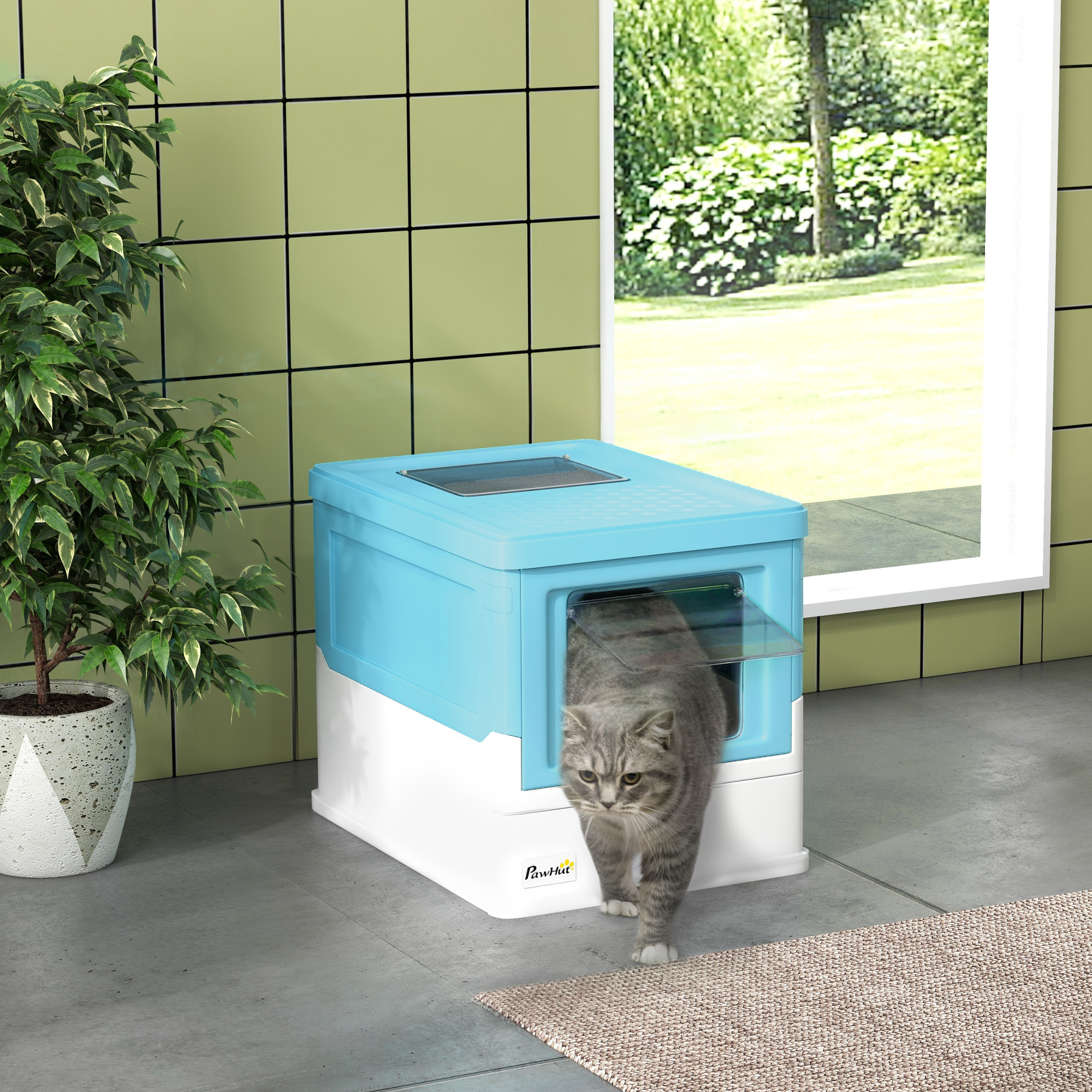 Hooded Cat Litter Box, Portable Pet Toilet, With Scoop, Front Entry - Light Blue — image 3
