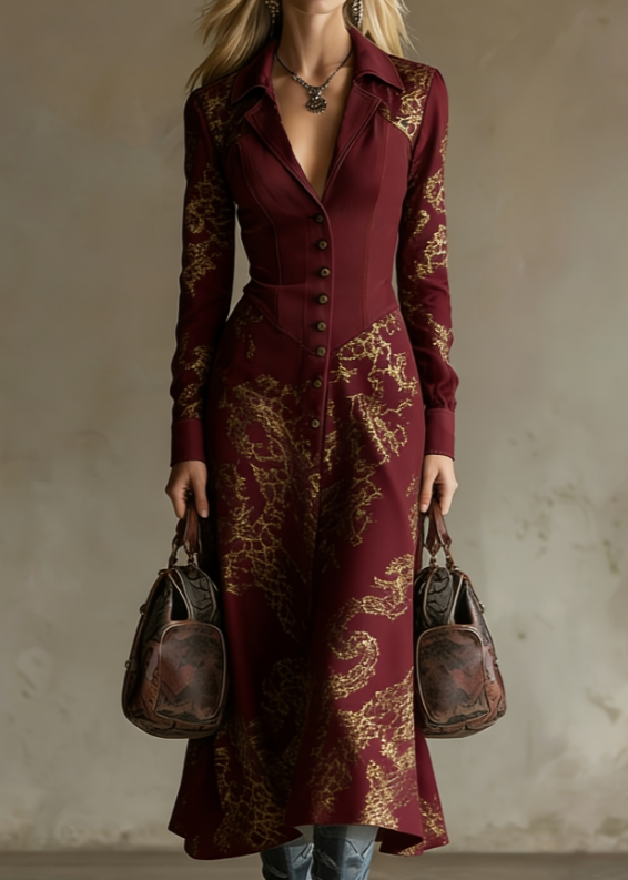 American Retro Style Lapel Fitted Waist Long Shirt Dress For Women