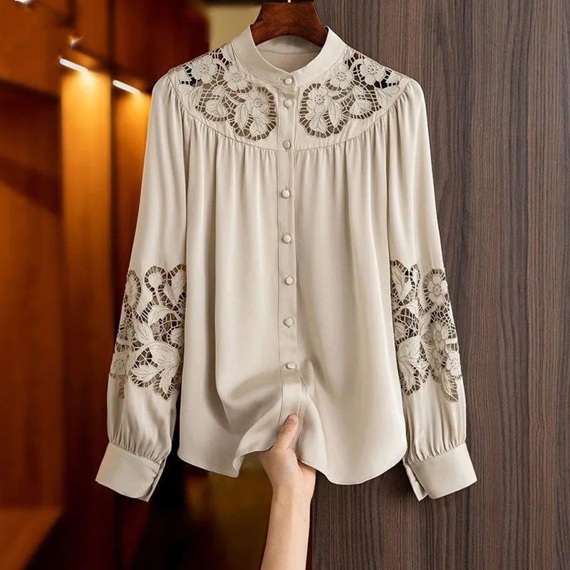 Loose Lace Openwork Shirt Embroidered Off the shoulder Apricot - Shop at LoveMi