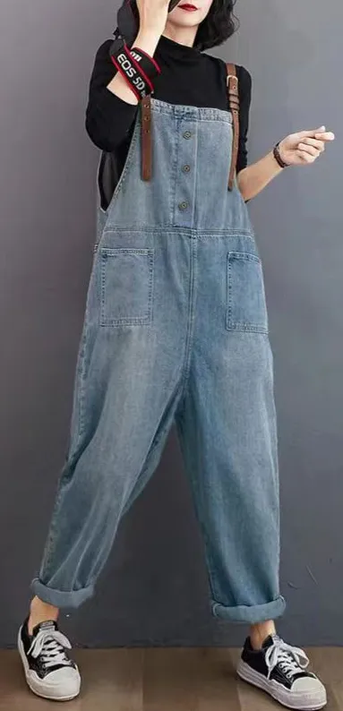 Women's Loose washed Nine point Denim Overalls Baby Blue - Shop at LoveMi