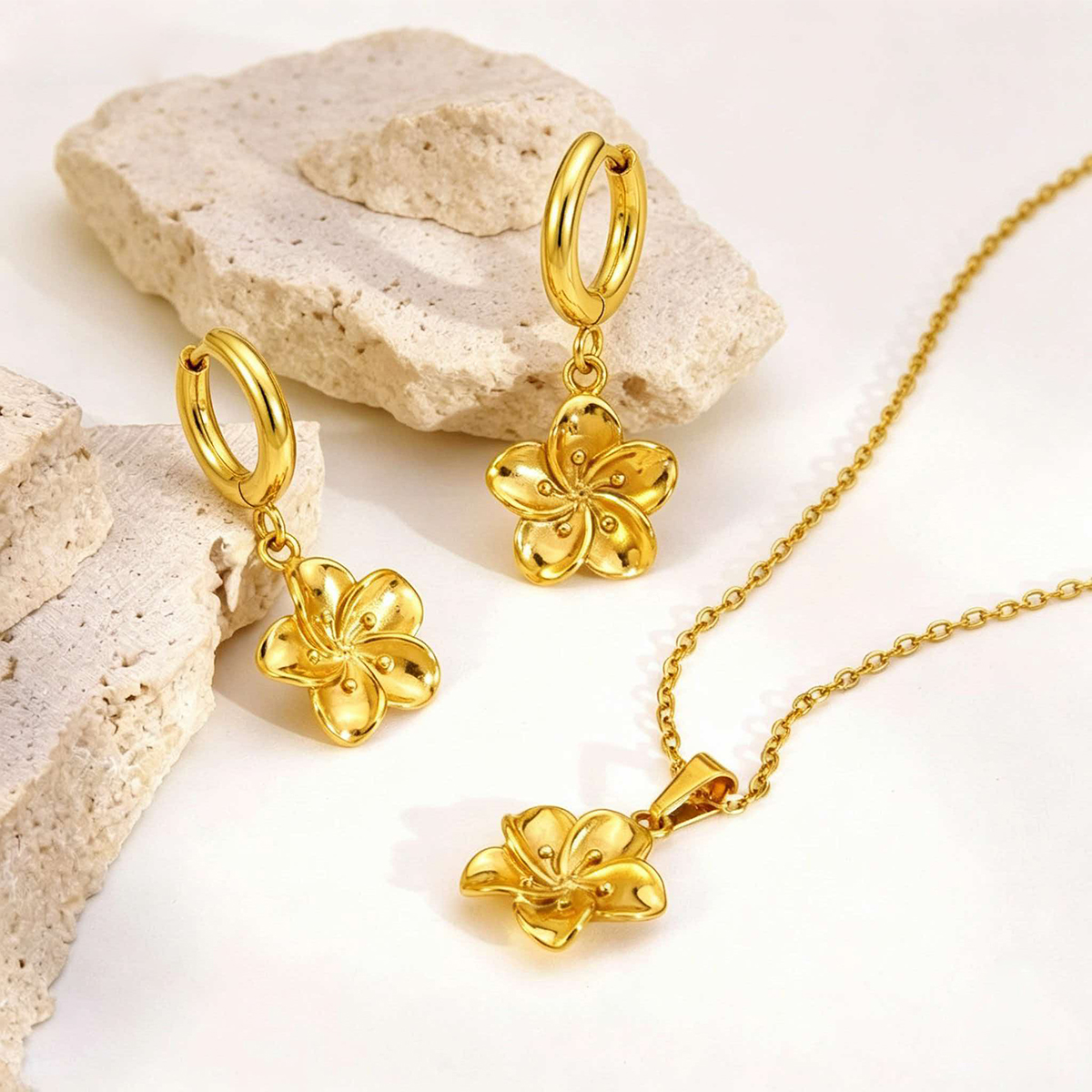 Stainless Steel Flower Pendant Necklace And Earring Set