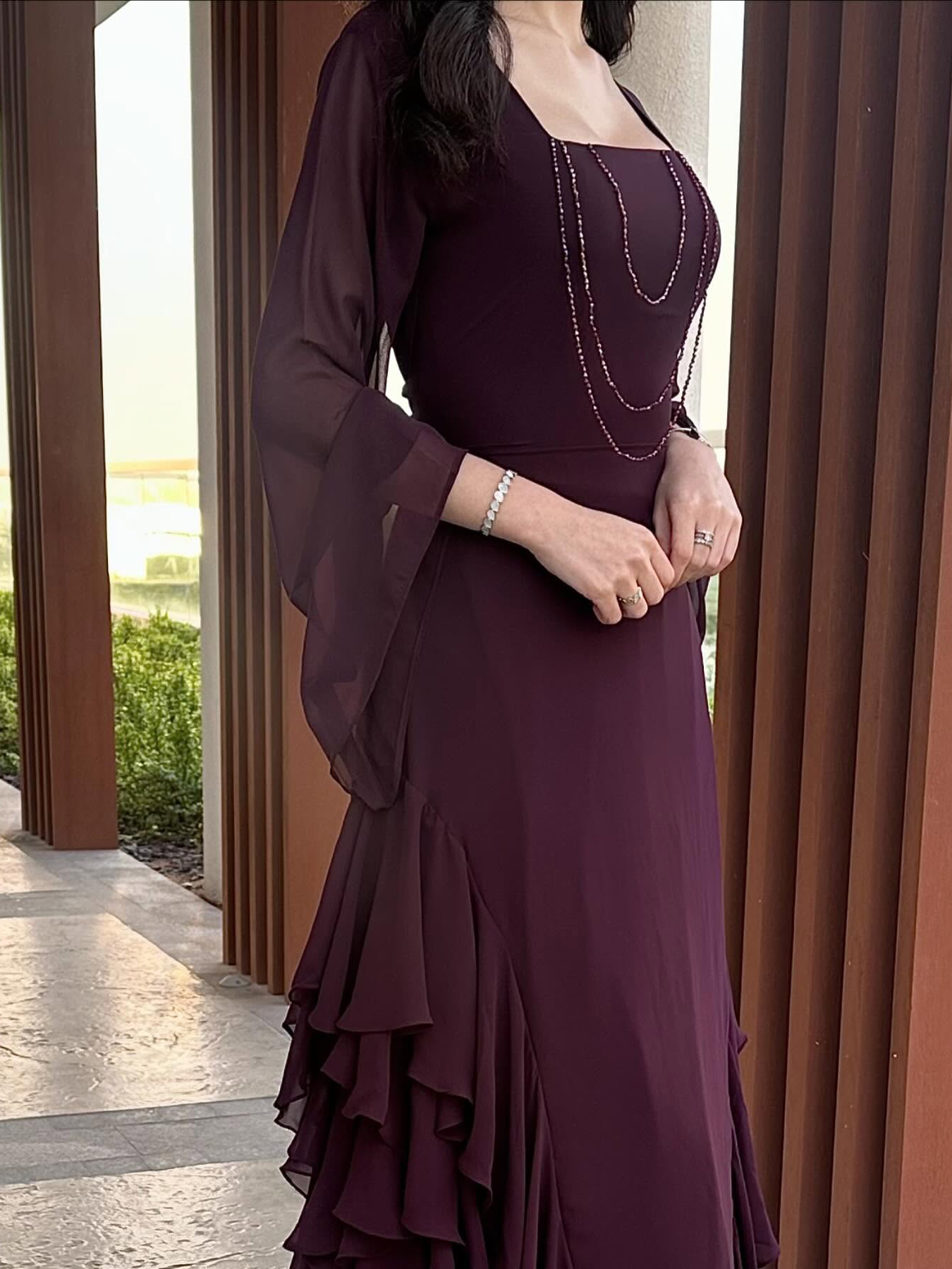 Burgundy Beaded Square Neck Ruffle Maxi Dress