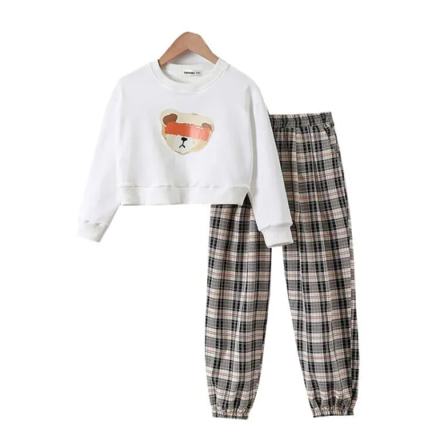 Girls' Casual Suit Cartoon Short Sweater Loose fitted Plaid Pants White Blouse And Gag Pants - Shop at LoveMi