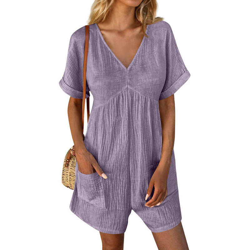 Damen Sommer Strampler Freizeit Kurzarm V-Ausschnitt Kurz Overalls mit Taschen - Bild 8 von 13