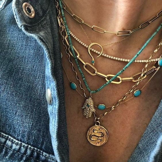 Multilayer Women Eyes Turquoise Snake Palm Pendant Necklace