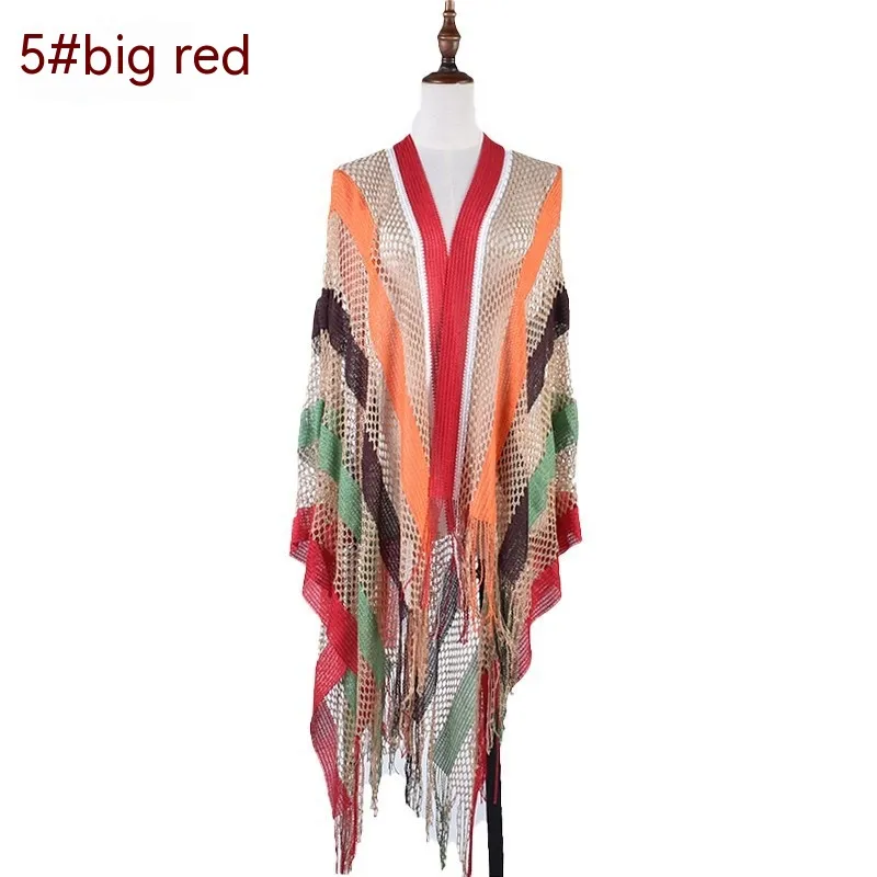 New Korean Style Cutout Long Silk Colour Striped Knitted Sunscreen Shawl Thin - Red