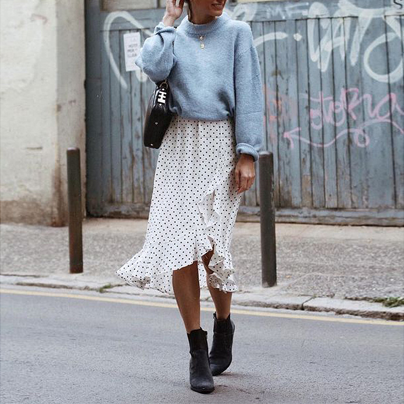 Ladies Polka Dot Print Ruffled Irregular Skirt