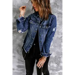 Autumn And Winter Denim Jacket Female Casual Row Buckle Stream - Blue - View 1