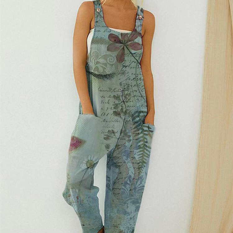 Women's Fashion Print Round Neck Pocket Back Pants