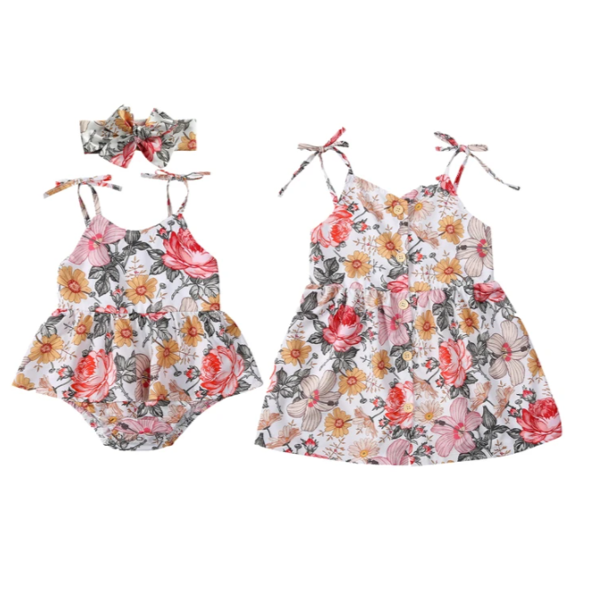 Two-piece Sling Flower Printed Romper Dress And Headband