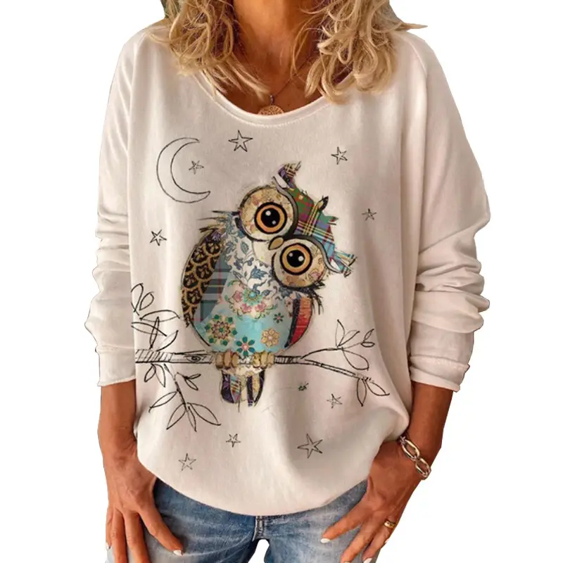 Owl Animal Print Long Sleeved Round Neck Loose