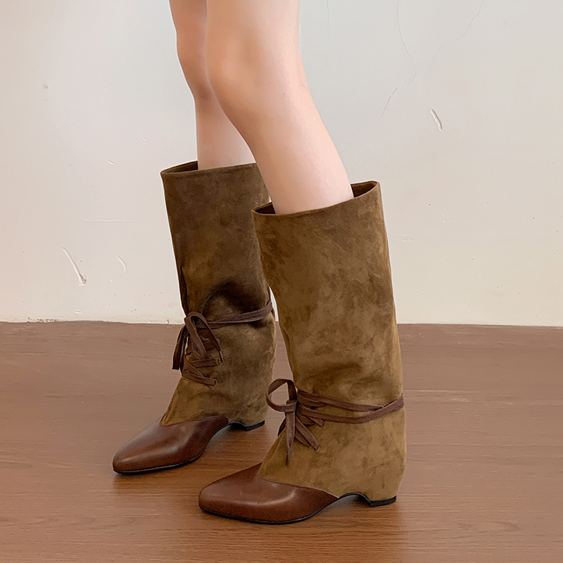 Women's Maillard Retro Wasteland Style Lace-up Slouch Boots, Wide Shaft Slim Boots, Western Cowboy Boots For Xinjiang Travel, Autumn New Arrival