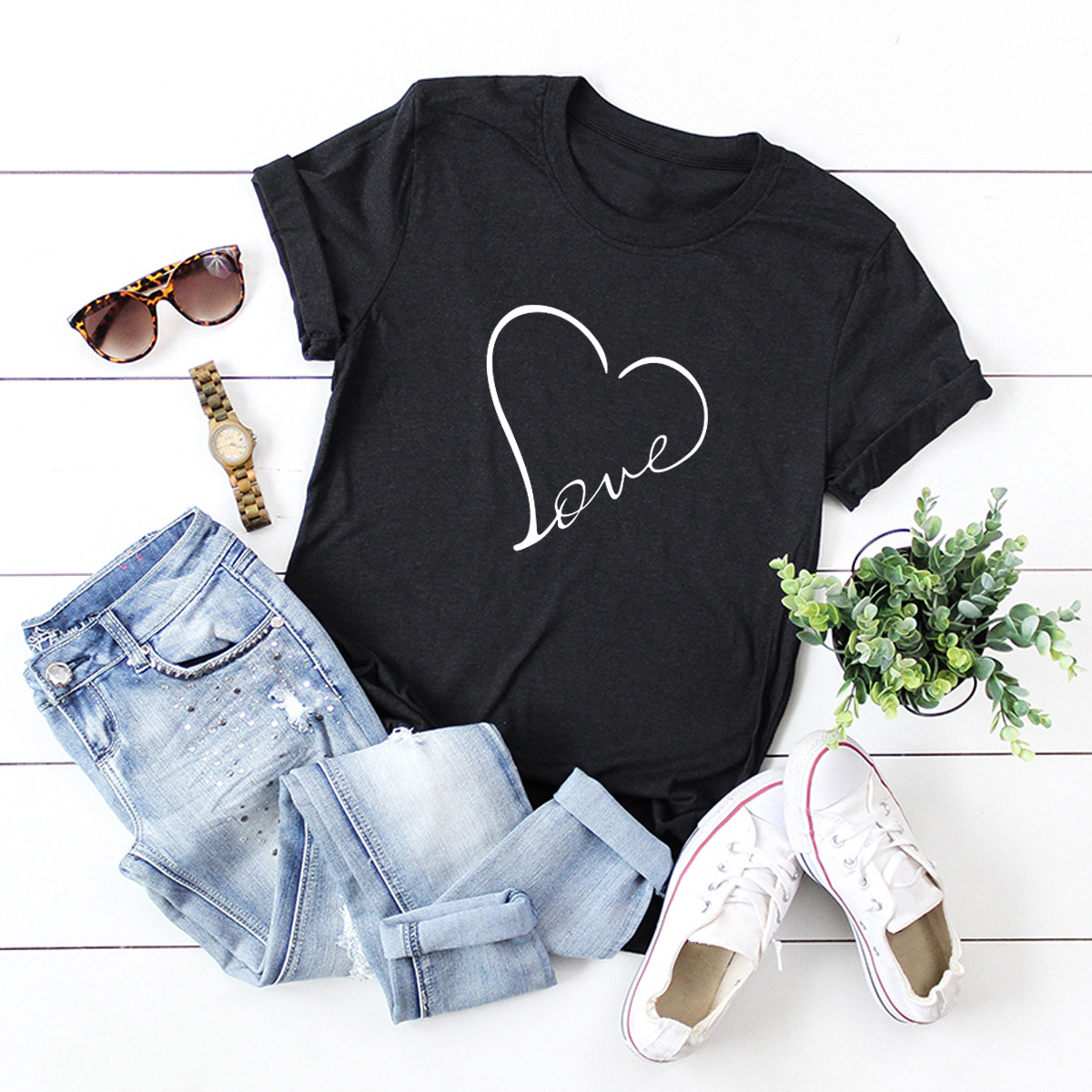 Title 6, Heart-shaped Love Print Short-sleeved T-shirt W...