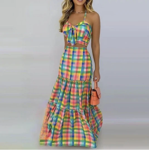 Lace-up Top Suit With Ruffled Half-length Skirt