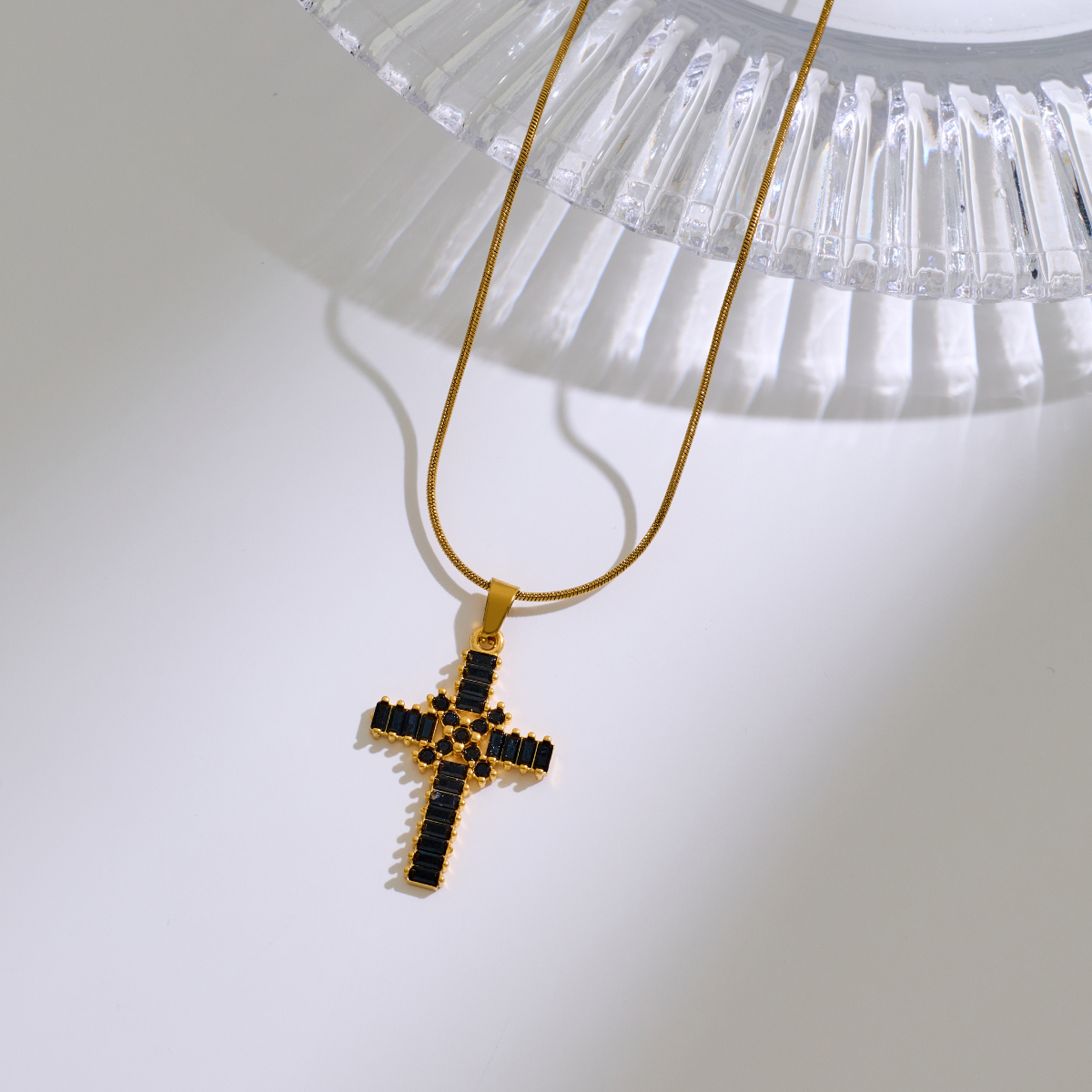 Stainless Steel Cross Pendant Necklace With Zircon Inlay