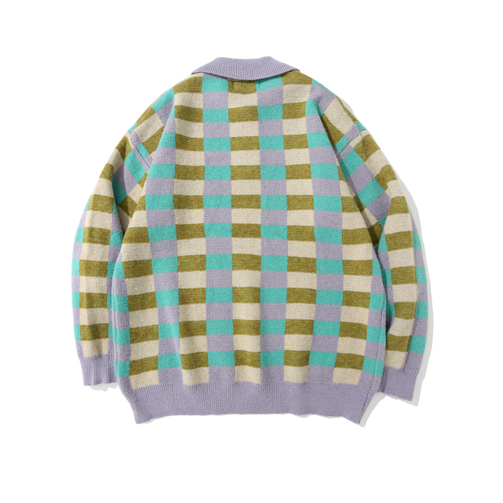 Checkered Polo Collar Sweater For Men Street Trend Loose