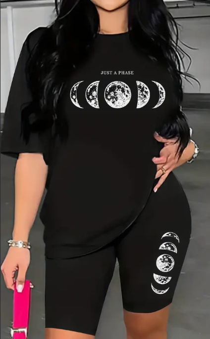 2pcs Short Sleeve Phase Print Two-piece Set, Biker Shorts & T-Shirt Outfits For Spring & Summer Women's Clothing