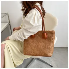 Braided Commuting Single Shoulder Tote Large Bag - Brown - View 1