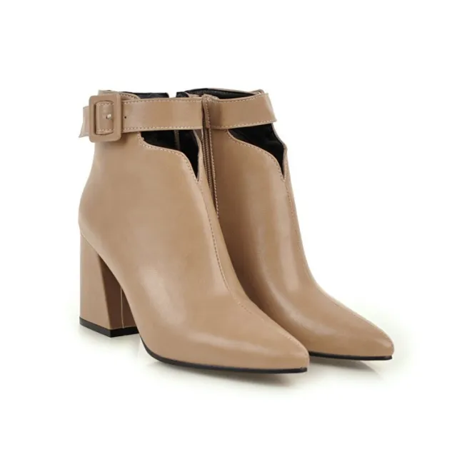 British Pointed Toe Belt Buckle Side Zipper Thick Heel High Heel Women's Boots Apricot - Shop at LoveMi