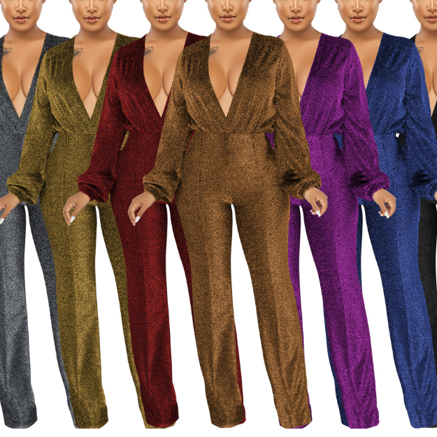 Women's Velvet Solid Color Long Sleeve V-neck Jumpsuit - Image 5