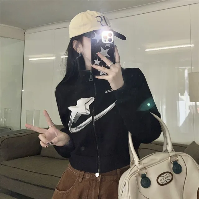 Retro Jacket Loose Design Star Sweater Black - Shop at LoveMi