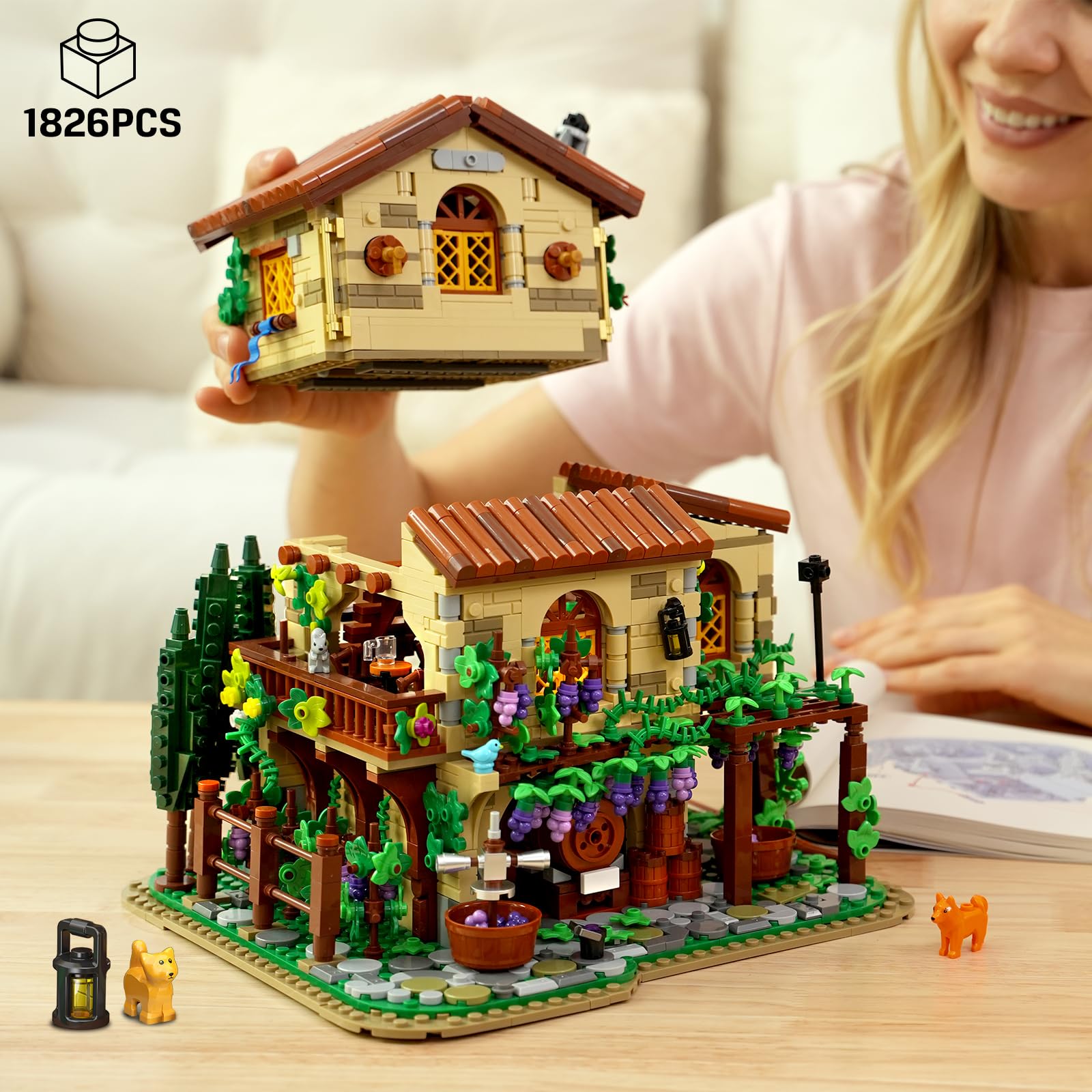 Winery Chateau House Building Set With Lights, Vineyard Castle Construction Model Home Decor, Vine Estate Autumn Cabin Building Block Kit, Birthday Gift For Adults Teens Boys Girls