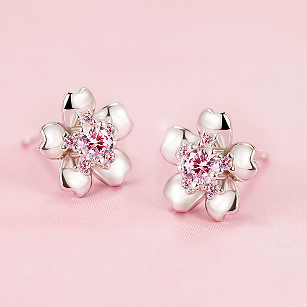 Sterling Silver Cherry Blossom Stud Earrings Niche Design Fashion
