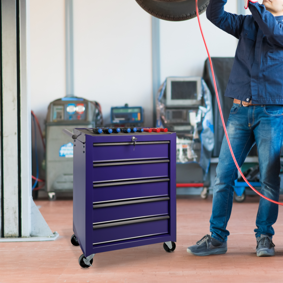 Rolling Metal Tool Chest With 5 Drawers, 20inch 5-Drawer Tool Chest Cabinet With Ball Bearing Drawer Slides, Steel Tool Storage Box Organizer -PURPLE