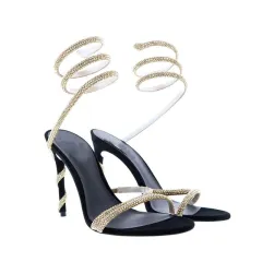 New Square Head Rhinestone Flat Belt High Heel Sandals - Black - View 1