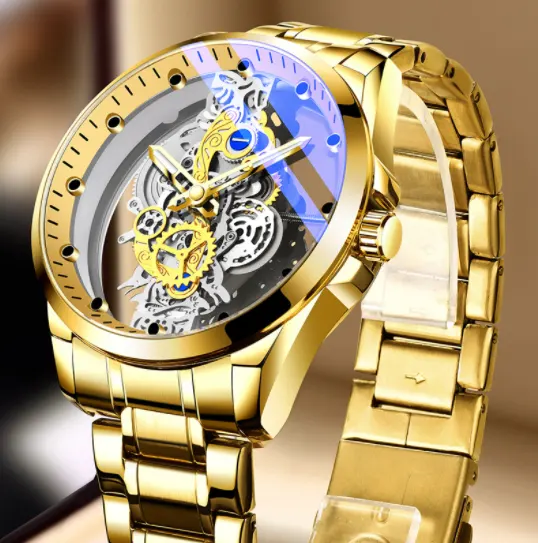 Men Watch Skeleton Automatic Quartz Gold Vintage Man Mens