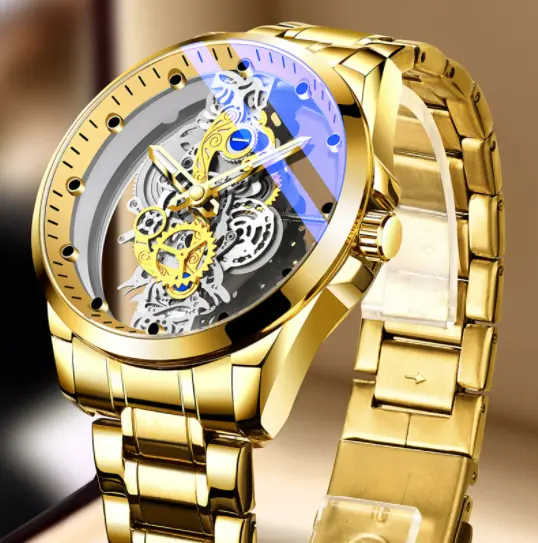 Men Watch Skeleton Automatic Quartz Gold Vintage