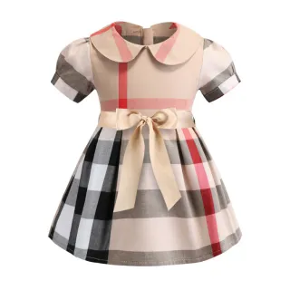 Women's Lapel Bow Short Sleeve Dress - Apricot