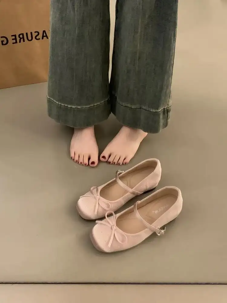 Women's Platform Ballet Mary Janes, New Satin Bow French Shallow Mouth Flat Shoes