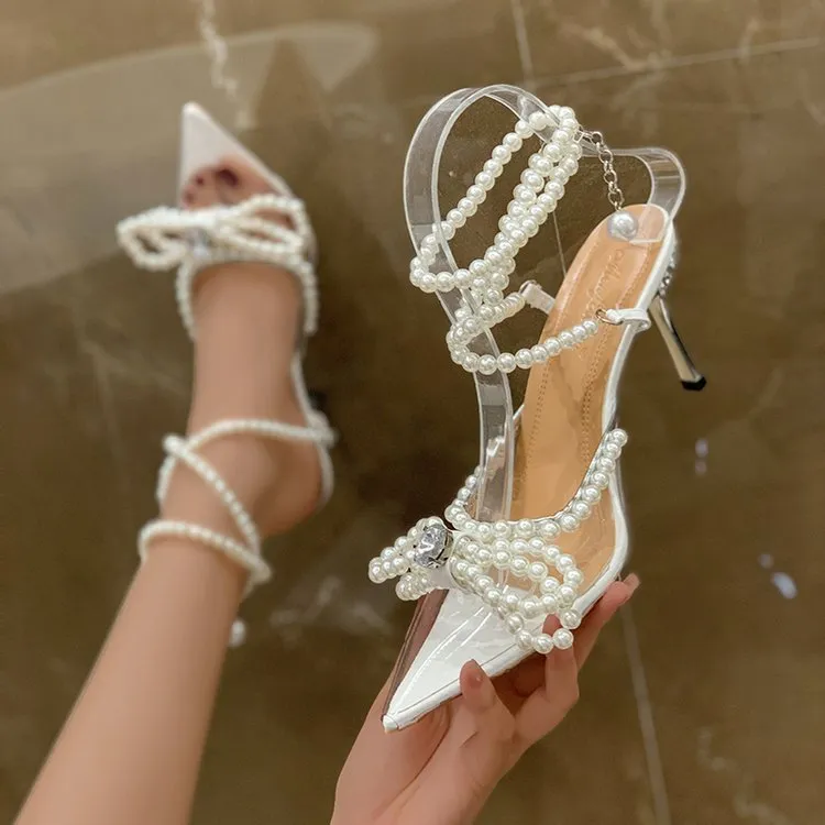 Fairy Baotou Rhinestone Bowknot High Heel Shoes - Silver